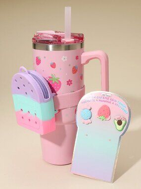 HOT FOCUS - Stainless Steel Strawberry Pattern Tumbler with Charm Coin Bag
